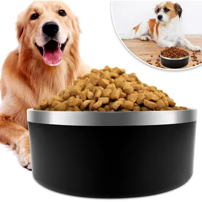 Productafbeelding van Hondenvoerbak, dubbelwandig, roestvrij staal, 1,2 liter, zwart, antislip, geïsoleerd, geschikt voor middelgrote en grote honden
