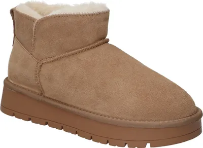 A single camel-colored winter boot with white fur lining and a thick brown sole is shown against a white background.