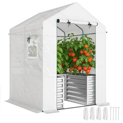 Produktbild von Outsunny Tomatengewächshaus Foliengewächshaus mit Hochbeet Rolltor Fenster