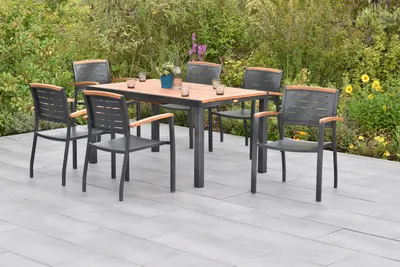 Produktbild von Merxx Gartenmöbel Set Tinos 7tlg., 6 Stapelsessel, Ausziehtisch 150(200) x 90 cm- Aluminium/Akazie