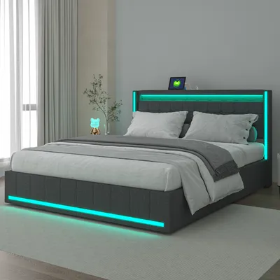 Produktbild von Doppelbettrahmen 160 x 200 cm mit 4 Schubladen, gepolstert mit LED-Beleuchtung, Aufbewahrung, Leinenstoff, ohne Matratze, Grau