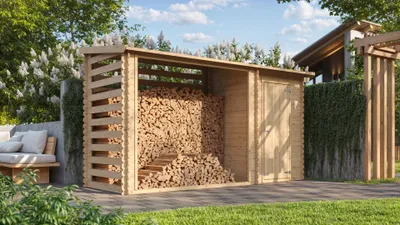Produktbild von TIMBELA M205 - Gartenhaus Holz mit Brennholzregal B344xL146xH199 cm/ 3.64 m2