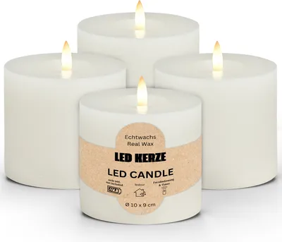 Image de Lot de 4 bougies LED en cire, flamme vacillante, Ø 10x9 cm, blanc