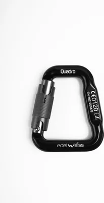 Schwarzer Alukarabiner QUADRO twist gate von Edelweiss; geeignet für Klettern; mit CE-Zertifizierung.