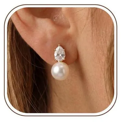 Immagine prodotto di Orecchini a clip da donna, senza bisogno di piercing, in oro 14 carati, con perle e zirconi, ideali per spose, damigelle e per un look elegante e brillante