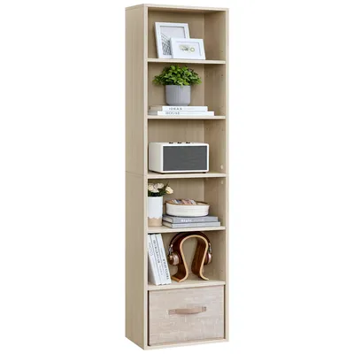 A tall, narrow, light wood-colored bookshelf with several shelves, displaying various decorative items and books.