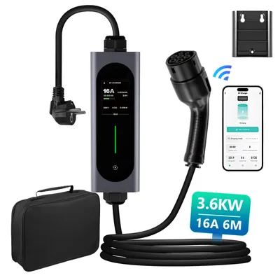Immagine prodotto di Hexinex Typ2 EV, wallbox portatile per auto elettriche, cavo di ricarica con controllo tramite app, 3,5 kW, 6-16A, monofase, cavo di ricarica da 6 metri, connettore CEE, grado di protezione IP65, 230V, display LCD