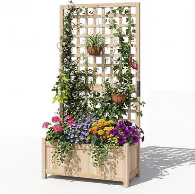 Produktbild von Blumenkasten mit Sichtschutz, Pflanzkübel mit Rankgitter, Pflanzkasten aus Holz, Hochbeet Pflanzgefäß Rankkasten Gartenspalier Rankhilfe für Balkon Garten Terrasse (Natur, 76x32x143cm)