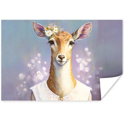 Produktbild von MuchoWow® Poster Hirsche - Blumen - Gemälde - Porträt - Tiere 180x120 cm - Fotoplakat