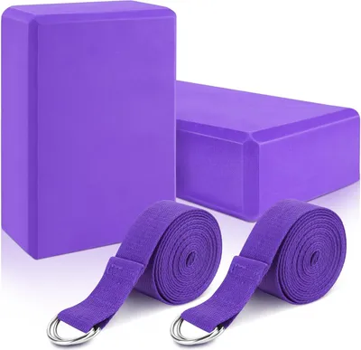Produktbild von Yoga Block Set von 2 - Sehr Dicht Lila - EVA Schaum Stein - Leicht und Rutschfest - Mit 2 Gurten für Dehnübungen - Verbessert Kraft und Flexibilität