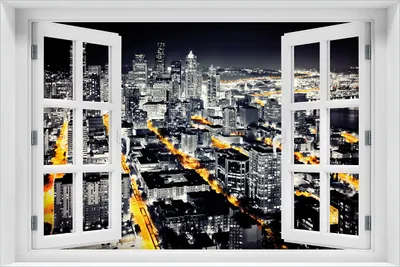 Produktbild von Wallario selbstklebendes Poster mit Fenster-Illusion - Großstadt bei Nacht - Seattle in schwarz weiß gelb, Größe: 61 x 91,50 cm