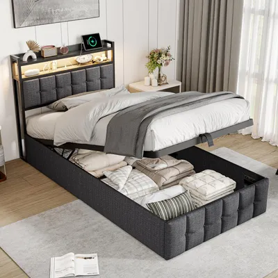 Immagine prodotto di Letto imbottito 90x200 cm con contenitore, illuminazione LED, testiera con spazio contenitivo, porte USB e Type-C, rivestito in tessuto effetto lino grigio