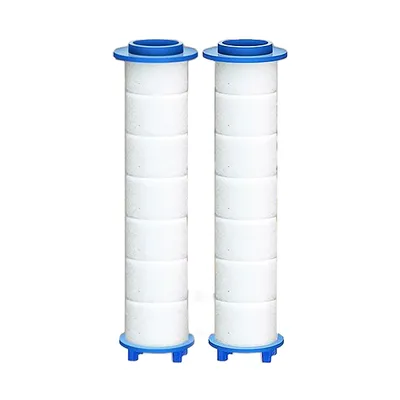 Two white cylindrical filter cartridges with blue caps and bases, presented side-by-side against a white background.