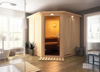 Produktbild von Elementsauna Karibu Piemon ohne Ofen mit Dachkranz und bronzierter Ganzglastüre