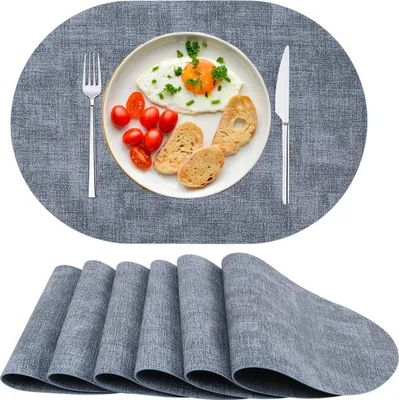 Immagine prodotto di Set di 6 tovagliette lavabili in Pelle finta, resistenti al calore, antiscivolo, per tavolo da pranzo, cucina, ovali, blu