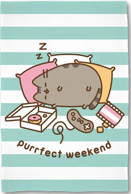 A cute cartoon cat is sleeping on pillows next to a pizza box with a donut, a video game controller, and film strips. The background has blue and white stripes.