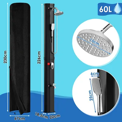 Produktbild von Izrielar Solardusche Außendusche Outdoordusche 60L Schwarz mit Schutzabdeckung und Handbrause für Pool Camping