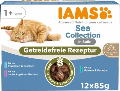 Imagen del producto de IAMS Delights Selección Marina, alimento húmedo para gatos sin cereales. Pack multipack con variedades de pescado en salsa, alimento húmedo sin cereales para gatos a partir de 1 año, 12 unidades de 85g