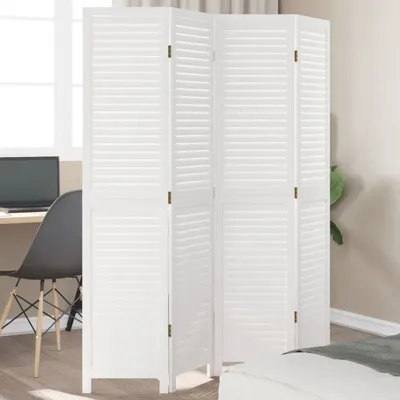 A white folding room divider is shown in a room with a desk and chair.