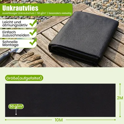 Image de Velway, géotextile anti-mauvaises herbes pour jardin, 50 g/m², dimensions 2 x 10 mètres. Perméable à l'eau et stabilisé aux UV. Tissu géotextile résistant, idéal pour lutter contre les mauvaises herbes, comme paillage, pour les jardins, les plates-bandes, les potagers et l'aménagement paysager