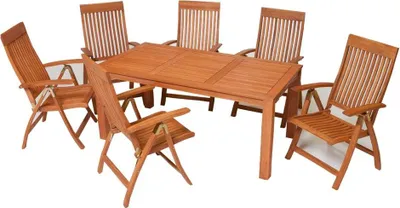 A wooden garden furniture set including a table and six chairs, displayed on a white background.
