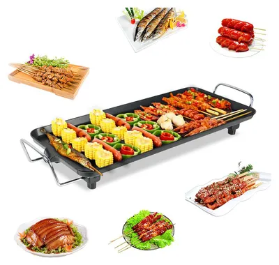 Produktbild von Elektrischer Tischgrill Grillplatte aus Edelstahl Antihaftbeschichtung Thermostat 68×28cm 1355W Schwarz