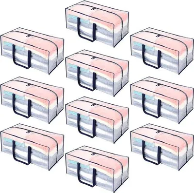 Imagen del producto de Uniqoos®: Juego de 10 bolsas de almacenamiento XXL con cremallera, transparentes, de 73,5 x 30,5 x 38 cm (104,5 L), fabricadas en PP resistente al agua, con asas reforzadas que soportan hasta 22,7 kg