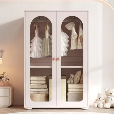 Produktbild von AIORBER Kleiderschrank für Kinderzimmer mit Acryl-Glastüren 2-türiger Schrank mit Kleiderstange und Keramikgriffen Aufbewahrungsschrank 80x50x120cm Babyrosa