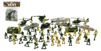 Produktbild von Ein Set mit 81 Soldatenfiguren und Zubehör, auf einer Karte mit den Maßen 24 x 30 cm