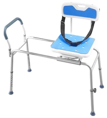 Zdjęcie produktu dla Ławka do przenoszenia do wanny SucceBuy z obrotowym siedziskiem, nośnością 180 kg, regulacją wysokości, podłokietnikami, pasem bezpieczeństwa i oparciem – idealna dla seniorów i osób o ograniczonej sprawności ruchowej