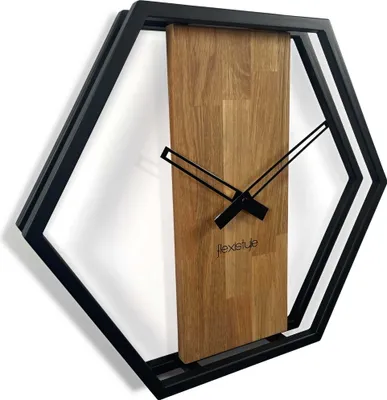 Produktbild von Wanduhr groß XXL Hexagon Holz Eiche LOFT schwarz Industrial modern 50cm Durchmesser ohne Ticken