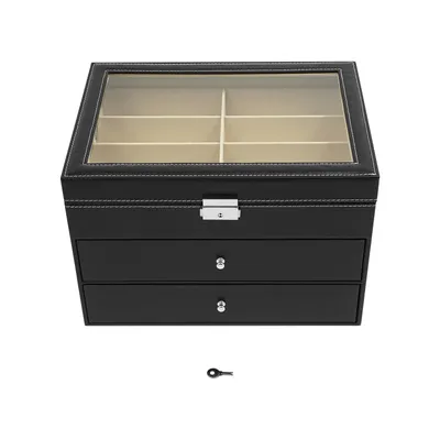 Productafbeelding van 3-laags, 24-ruits brillenkast met transparant glas aan de bovenkant. Zonnebril display box. Moderne brillenvitrine. Opbergbox voor brillen. Brillenkoffer
