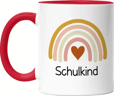 Produktbild von Schulkind Tasse Rot  Einschulungsgeschenk Grundschule 1. Klasse Schulstart Regenbogen Herz