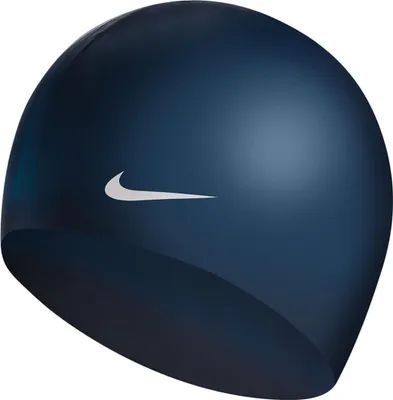 A dark blue Nike swim cap with a white Nike swoosh logo.