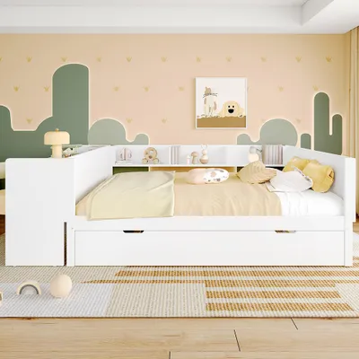 A child's bedroom with a white bed and decorative wall art.
