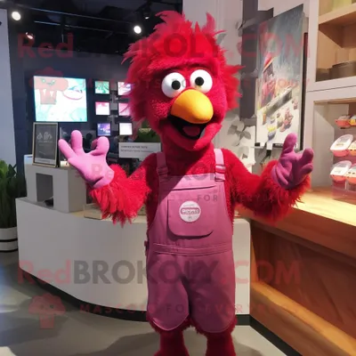 Produktbild von Magentafarbenes REDBROKOLY Huhn-Parmesan Maskottchen Kostüm gekleidet mit Latzhose und Broschen