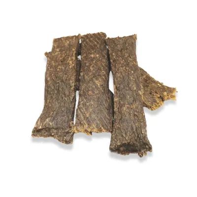 Zdjęcie produktu dla Naturalne Suszone Paski Mięsne z Dzika 100g – 100% Dziczyzna, Bez Zbóż, Przekąska do Żucia dla Psów, Delikatnie Suszone, Smakołyki