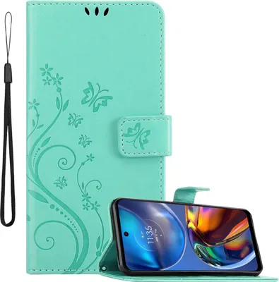 Obrázok produktu pre Cadorabo kryt pre Motorola MOTO E32 4G / E32S in FLORAL TURQUOISE ochranný kryt v kvetinovom dizajne s magnetickým zatváraním, funkciou stojana a slotmi na karty flipové puzdro kvetinový obal puzdro na mobilný telefón s chlopňou obal kniha