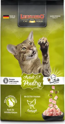 A bag of Leonardo Adult GF Poultry cat food with a cat reaching out.