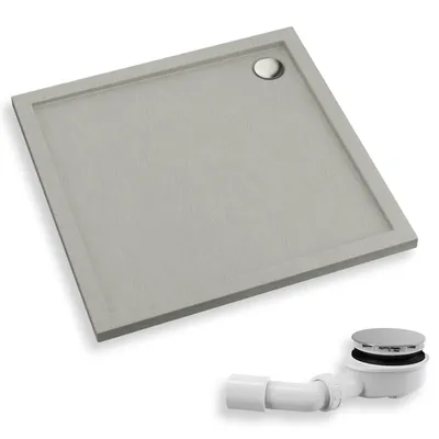 Produktbild von Duschwanne Quadratisch 90x90x4,5 Sanitäracryl Duschtasse Steinoptik | Ablaufgarnitur ⌀90 mm im SET | Anti-Rutsch Duschbecken | BADLAND CASPAR NEW
