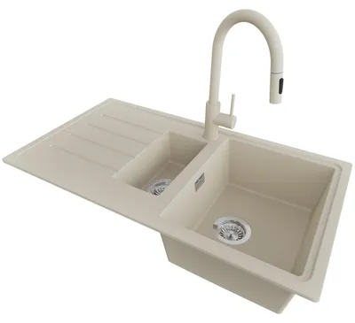 Produktbild von PRIMAGRAN Granitspüle Beige 90x50cm, Spülbecken 1,5 Becken + Küchenarmatur 40x20cm + Ablauf-Set, Küchenspüle ab 60er Unterschrank - Kopenhagen Duo