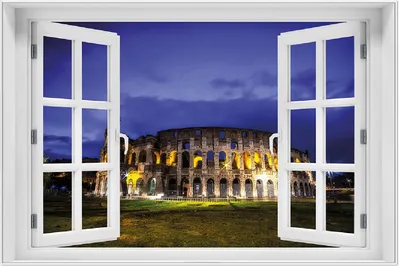 Produktbild von Wallario Wandbild mit Fenster-Illusion: Italien bei Nacht - Kollosseum in Rom, beleuchtet am Abend, Größe: 61 x 91,5 cm, Poster mit weißem Aluminiumrahmen