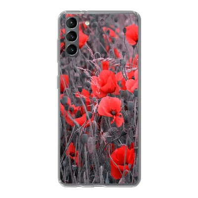 Produktbild von MuchoWow® Handyhülle Schutzhülle Hülle für Samsung Galaxy S21 Plus Rote Mohnblumen in einem Schwarz-Weiß-Bild Silikon Softcase Handy Hülle - Handy-Tasche