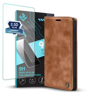 Produktbild von Handy Hülle für Apple iPhone 15 mit 9H Displayglas Klapphülle Bookcase Flip Cover Handy Tasche Etui Farbe: Hellbraun