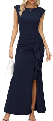 Produktbild von Maxi-Abendkleid - Cocktailkleid - Festkleid für Damen - Flügelärmel - Rüschen - Verführerischer Schlitz