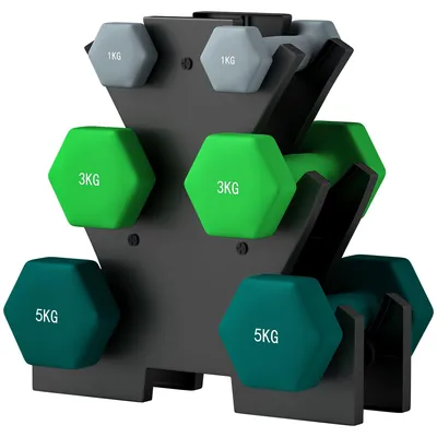 Immagine prodotto di Set di manubri esagonali con supporto, 18 kg | Colore: Grigio e verde