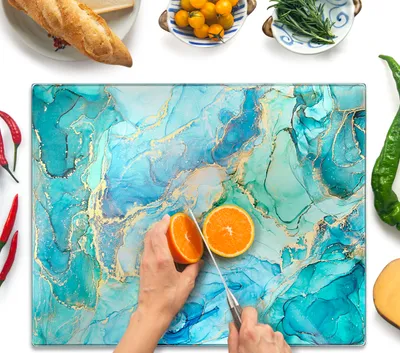 Image de Planche à découper en verre, 50 × 40 cm – Planche à découper hygiénique en verre trempé – Résistante à la chaleur, aux rayures et antidérapante – Plateau en verre pour la cuisine – Turquoise océan
