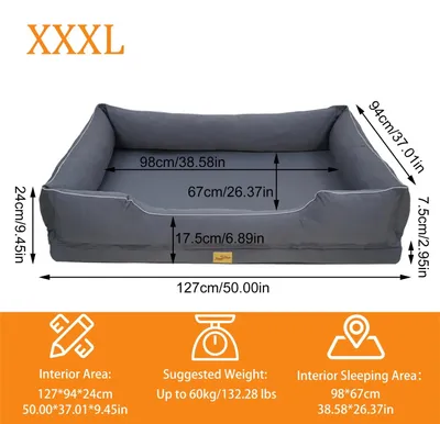 Image de Lit orthopédique pour chien - Canapé pour chien - Taille 3XL : 127 x 94 x 24 cm - 100 % coton - Housse amovible et lavable en machine - Respirant - Gris foncé