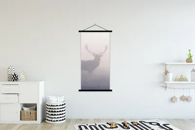 Produktbild von MuchoWow® Textilposter Hirsche - Nebel - Morgen 90x180 cm mit schwarzem Rahmen - Dekoration Wohnzimmer