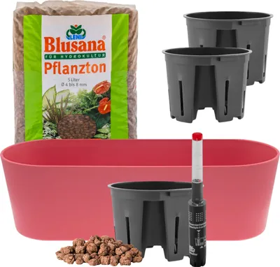 Produktbild von Leni Flori Jardiniere Blumentopf länglich 36 cm himbeer / rot Hydrokultur-Komplett-Set mit Übertopf Hydro-Töpfen Wasserstandsanzeiger & Pflanzton